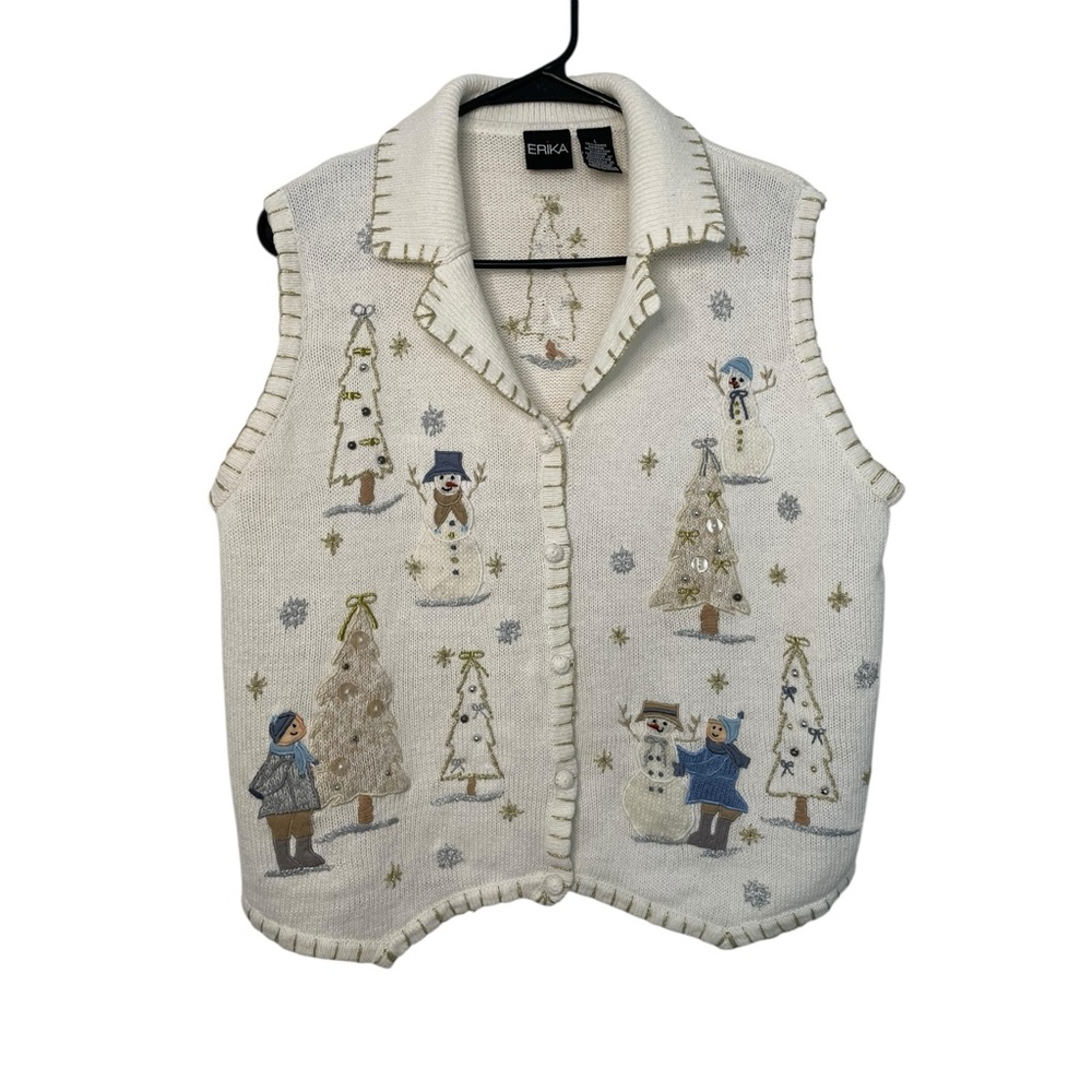 Y2K Vintage Christmas Sweater Vest L Whimsical Snowman Embroidery Beaded Holiday